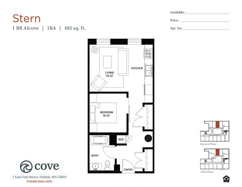 Floor plan for 1 bed, 1 bath, 495 sqft